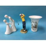 A Royal Doulton figure 'Teeing off', a Coalport figure group and a Wedgwood vase (3)