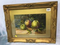 Monogrammed K.J., oil on board, 'Still life of apples', 18 x 29cm