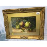 Monogrammed K.J., oil on board, 'Still life of apples', 18 x 29cm