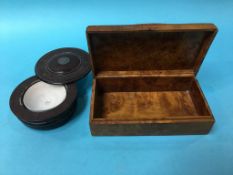 A birch cigarette box and a mahogany powder compact