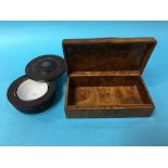 A birch cigarette box and a mahogany powder compact