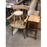 Two pine stools and a carver chair
