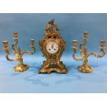 A reproduction brass Art Nouveau style clock and garniture, 43cm high x 24cm wide (approx.)