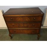 A walnut chest of three drawers, 91cm wide