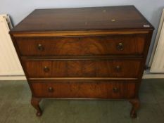 A walnut chest of three drawers, 91cm wide