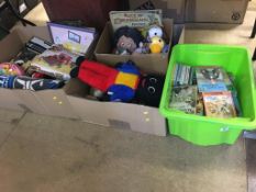 Four boxes of assorted toys and games