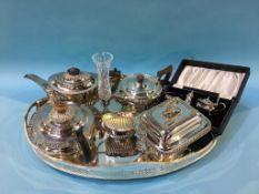 A silver plated tray and three silver plated teapots etc.