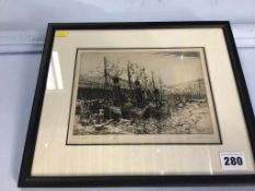 Engraving, Walter Lishman 'Drifters in Harbour', Limited Edition 7/60, signed in pencil, 16 x 20cm