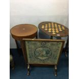 A chess top occasional table, fire screen and an Edwardian circular table (3)