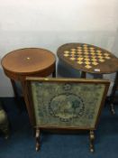 A chess top occasional table, fire screen and an Edwardian circular table (3)