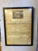 A framed antique Insurance certificate