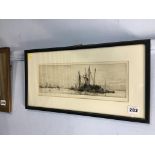Engraving by William Lionel Wylie 'Boats in a harbour', signed in pencil, 12.5 x 34cm