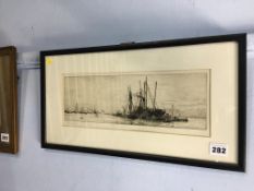 Engraving by William Lionel Wylie 'Boats in a harbour', signed in pencil, 12.5 x 34cm