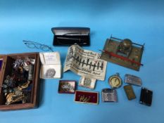 A box of costume jewellery, an inkwell etc.