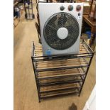 A fan heater and a shoe rack