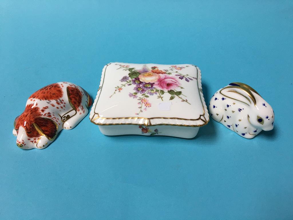 Two Royal Crown Derby paperweights and a trinket box