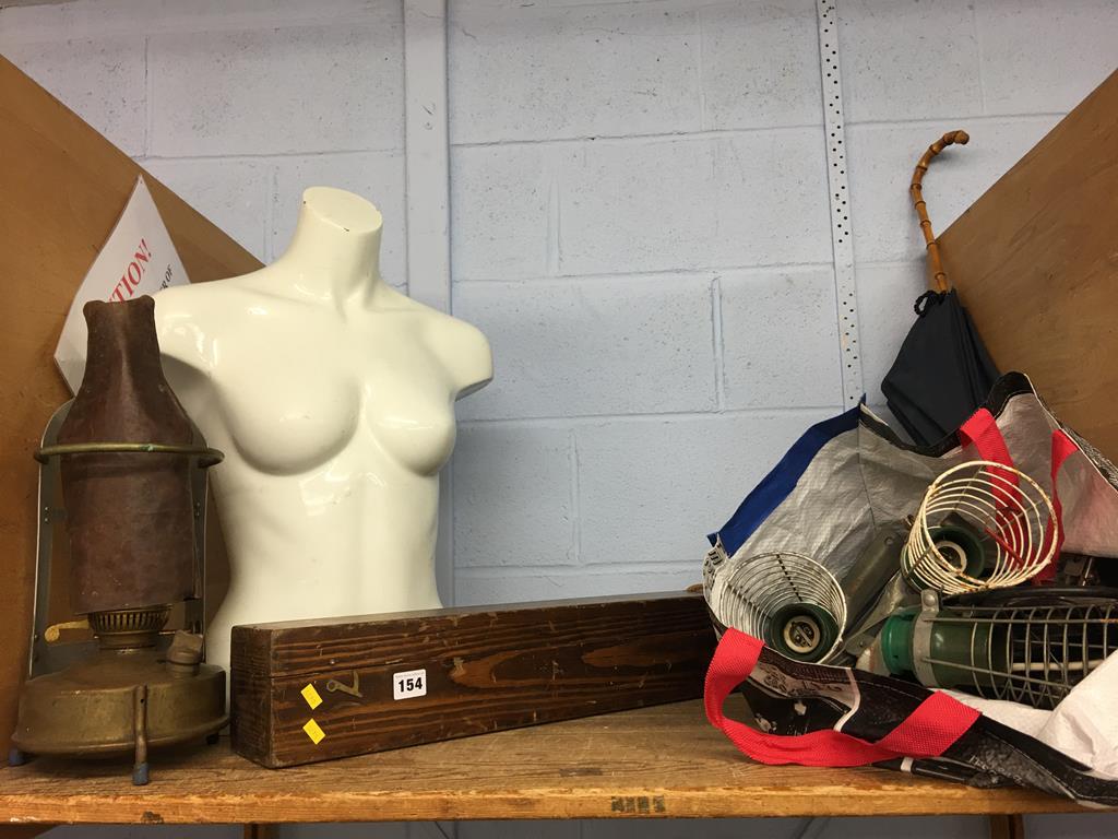 An oil lamp and a mannequin bust etc.