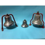 Three chrome plated fireman's bells, 19cm, 25cm, 25cm, approx.