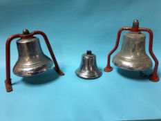 Three chrome plated fireman's bells, 19cm, 25cm, 25cm, approx.