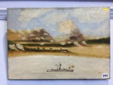 Naïve WWI era oil on canvas of a Destroyer, 51 x 35 cm
