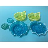 Four Davidson pressed glass dishes and a pair of salts