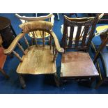 Two elm smokers bow and carved antique chair