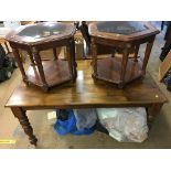 A modern pine kitchen table and two occasional tables