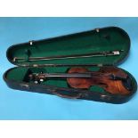 A 19th century violin and bow in fitted hard case, inscribed 'In Silvis Viva Silvi Canora Iam Mortua