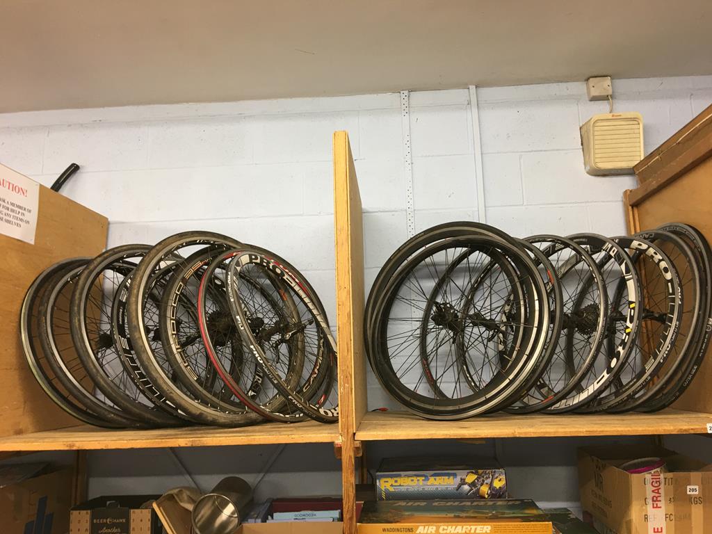 A quantity of Racing cycle wheels, including Campagnolo etc.