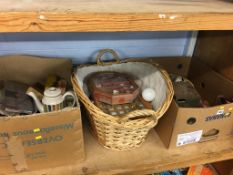 A shelf of assorted crested ware and Dimple decanter etc.