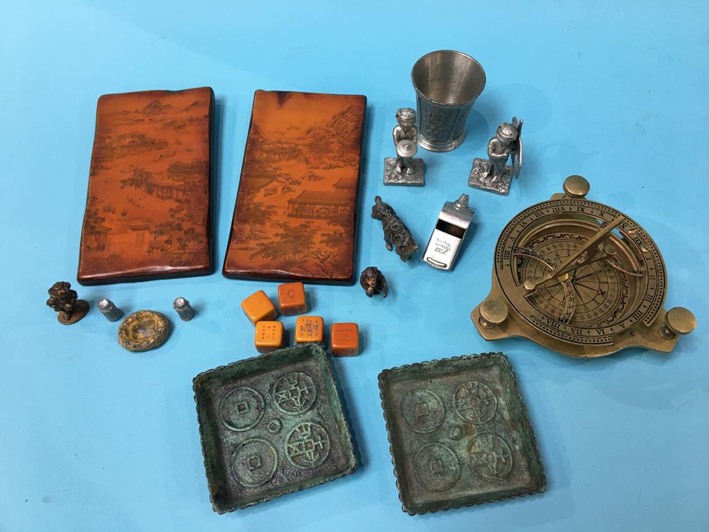 A tray of assorted brass and a compass etc.