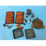 A tray of assorted brass and a compass etc.