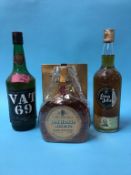 A bottle of Red Hackle Reserve Whiskey, Long John Whiskey and VAT 69