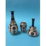 Three Royal Crown Derby vases, printed marks, 1128, 16cm, 11cm and 8cm high (3)