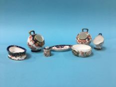 Three Royal Crown Derby scuttles, a small bottle (no lid), a pin tray and two dishes