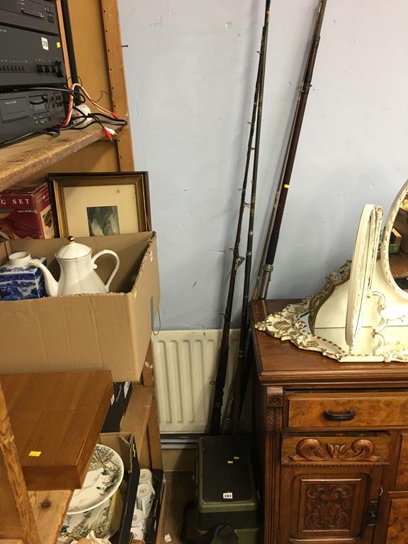 Assorted fishing tackle, rods and a box of china and glassware.