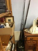 Assorted fishing tackle, rods and a box of china and glassware.