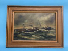 A. J. Johnson?, oil on canvas, signed, 'Steam vessel Staveley in rough seas', 37 x 56cm