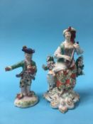 A Derby figure of a seated lady playing a flute with a lamb at her side, supported on a rococo style