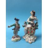 A Derby figure of a seated lady playing a flute with a lamb at her side, supported on a rococo style