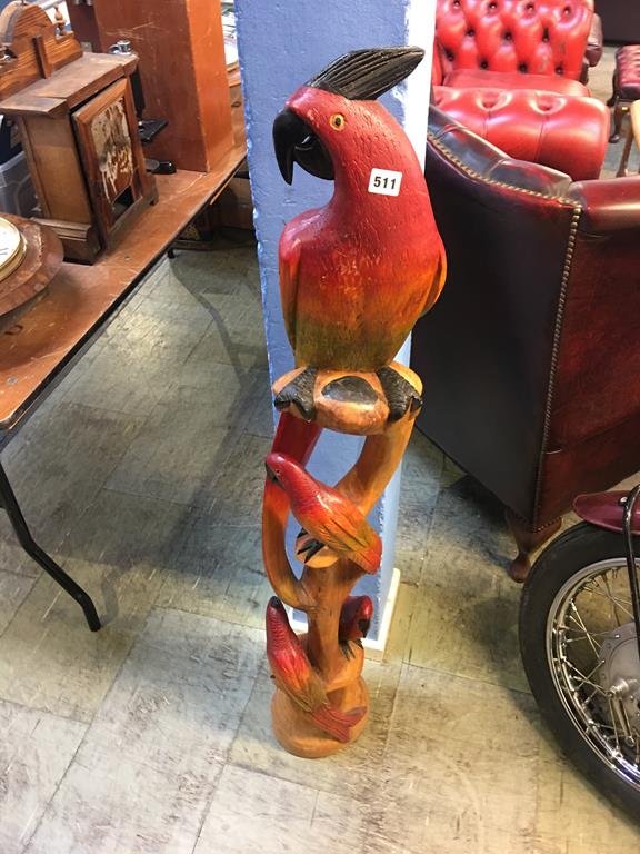 A carved wood figure group of parrots