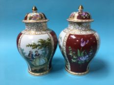 A pair of Helena Wolfsohn Dresden porcelain vases, decorated with gallant couples after Francois