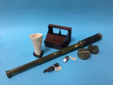 A telescope, a sextant, 1st World War prisoner of war carved cup and a piece of shrapnel etc.