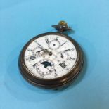 A Continental pocket watch, unsigned enamel face with four subsidiary dials, in gun metal case,