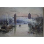 John Sowden (1838 - 1926), watercolour, signed, 'View of Tower Bridge, London with steamships at the