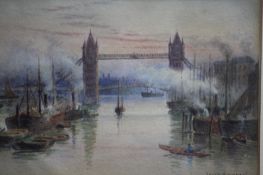 John Sowden (1838 - 1926), watercolour, signed, 'View of Tower Bridge, London with steamships at the