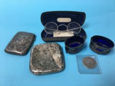 Two silver cigarette cases and a pair of salts etc.