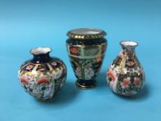 Three Royal Crown Derby Imari vases, printed marks, 9cm, 8cm and 7cm high