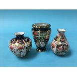 Three Royal Crown Derby Imari vases, printed marks, 9cm, 8cm and 7cm high