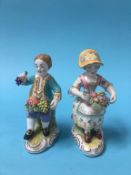 A pair of Royal Crown Derby porcelain figures of a young man and woman holding a basket of flowers